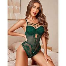 Women Lingerie Floral Lace Harness Lingerie Bodysuit One Piece Teddy Doll Nightgown,31371746 - 墨綠色 - 查看 5