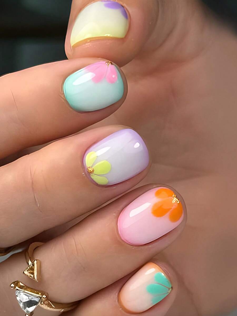 24pcs Fall Press On Nails Short French Nails Y2k Multicolor Nails Oval Glitter Super Glossy Glossy Geometric Stripes Flower Foil Print Round Dot Pattern Simple Reusable Press On Acrylic Nails Fake Nails Supplies Free Of 24 Pieces Of Jelly Tabs And A Mini File - Multicolor - View 1