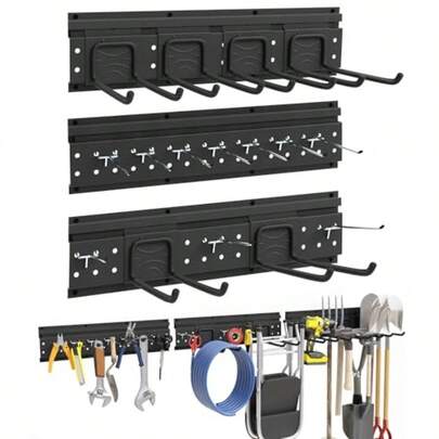 48 Inch Garage Storage Rack Heavy Duty Wall Mount Organizer With 3 Metal Track Rails And 16 Hooks Compatible With Pegboard And Slatwall Black