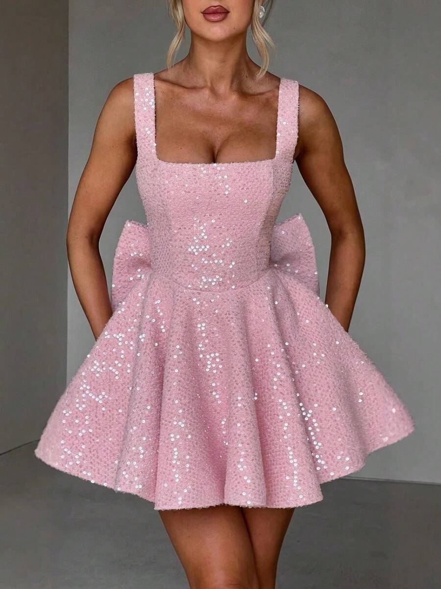 Women's Dress U-Neck Bow Glossy A-Shaped Skirt - Hồng - Xem 1