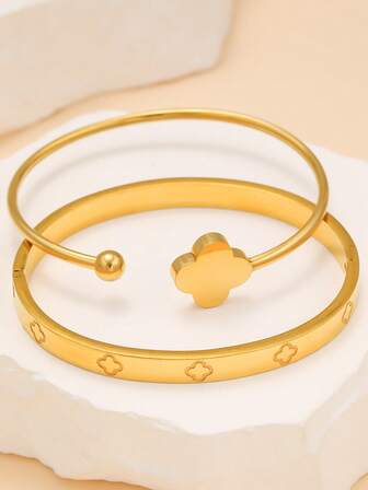 1 Set de Pulsera de Acero Inoxidable, Pulido Espejo, Chapado al Vacío, Nunca se Desvanece, Diseño de Trébol de Cuatro Hojas, Estilo Clásico y de Moda, Adecuado para Uso Diario