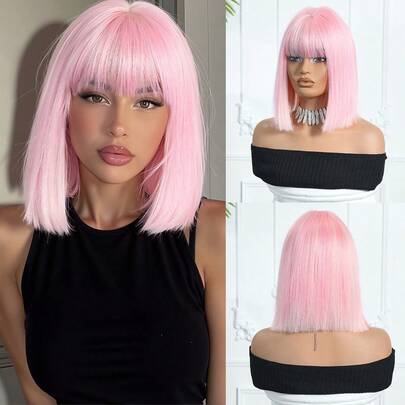 14 Inch Ombre Pink To White Synthetic Wig With Bangs, Heat Resistant, Natural Looking, Suitable For Women's Daily Wear, Parties And Cosplay. (Please Note The Wearing And Maintenance Instructions. The Actual Product Color May Slightly Differ From The Image Due To Lighting And Angle During Photography.)