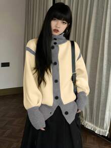 复古休闲设计撞色针织开衫，秋冬款 - 杏色 - 查看 5