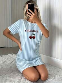 女士樱桃印花睡裙 - 休闲短袖圆领睡衣，饰以红色樱桃和樱花图案，轻盈条纹，舒适睡衣，俏皮设计，柔软面料 - 藍色 - 查看 5