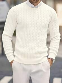 Men's Casual Versatile Solid Color Twist Knit Crew Neck Sweater - White - View 8
