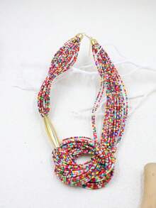 1件波西米亚风多层黑色串珠金色管状打结长项链 - 彩色 - 查看 4