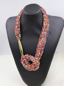 1件波西米亚风多层黑色串珠金色管状打结长项链 - 彩色 - 查看 3