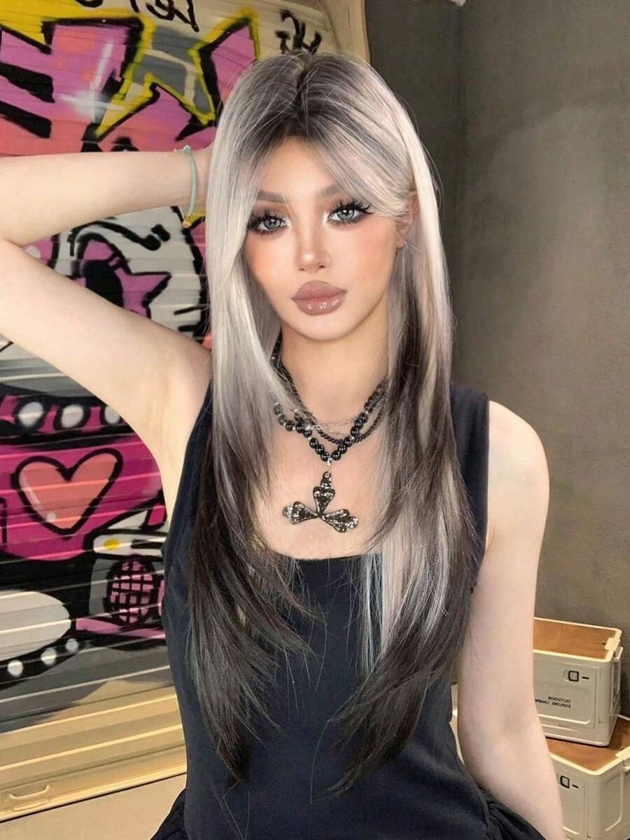 1 Tóc giả thẳng tổng hợp nhiều màu chịu nhiệt, bóng mượt, làm từ sợi, thích hợp sử dụng hàng ngày, vẻ ngoài tự nhiên và chân thực (không bao gồm phụ kiện) - Tóc vàng ombre - Xem 1