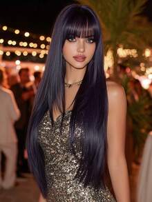 32 Inch Purple Straight Layered Wig With Bangs - Soft Heat Resistant Synthetic Wig, Suitable For Women's Daily, Festival, Party, Christmas And Cosplay Occasions - Purple - View 1