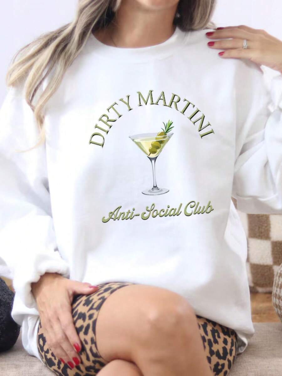 White Long Sleeve With Popular Colors, Animal Patterns, Geometric Patterns, Tie Dye Patterns, Floral Patterns, Millennial Spicy Girl Style, Y2K Style, Basic Patterns, Floral Patterns, Loose,Fall Outfit For Women, Christmas Outfit Women,Tops,Fall Clothes For Women,Vestidos Elegantes De Mujer,Winter Clothes For Women,Niche Vitality Martini Anti Social Club Sweatshirt_ Funny Drinking Crewneck - 白色 - 查看 1