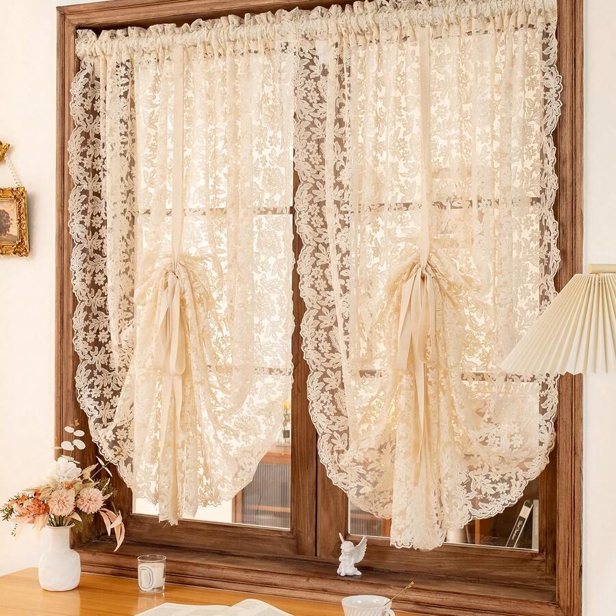 1PC French Vintage Embroidered Lace Beige Sheer Curtain For Windows,Sophisticated Privacy Partition,Sheer Voile For Living Room And Bedroom Home Decor- Adjustable Length Curtain. - Beige - View 1