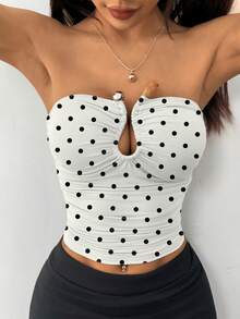 Top court à épaules dénudées à pois pour femmes, en tissu maille froncé, ourlet moulant sans manches, mode d'été - Noir et Blanc - Voir 10