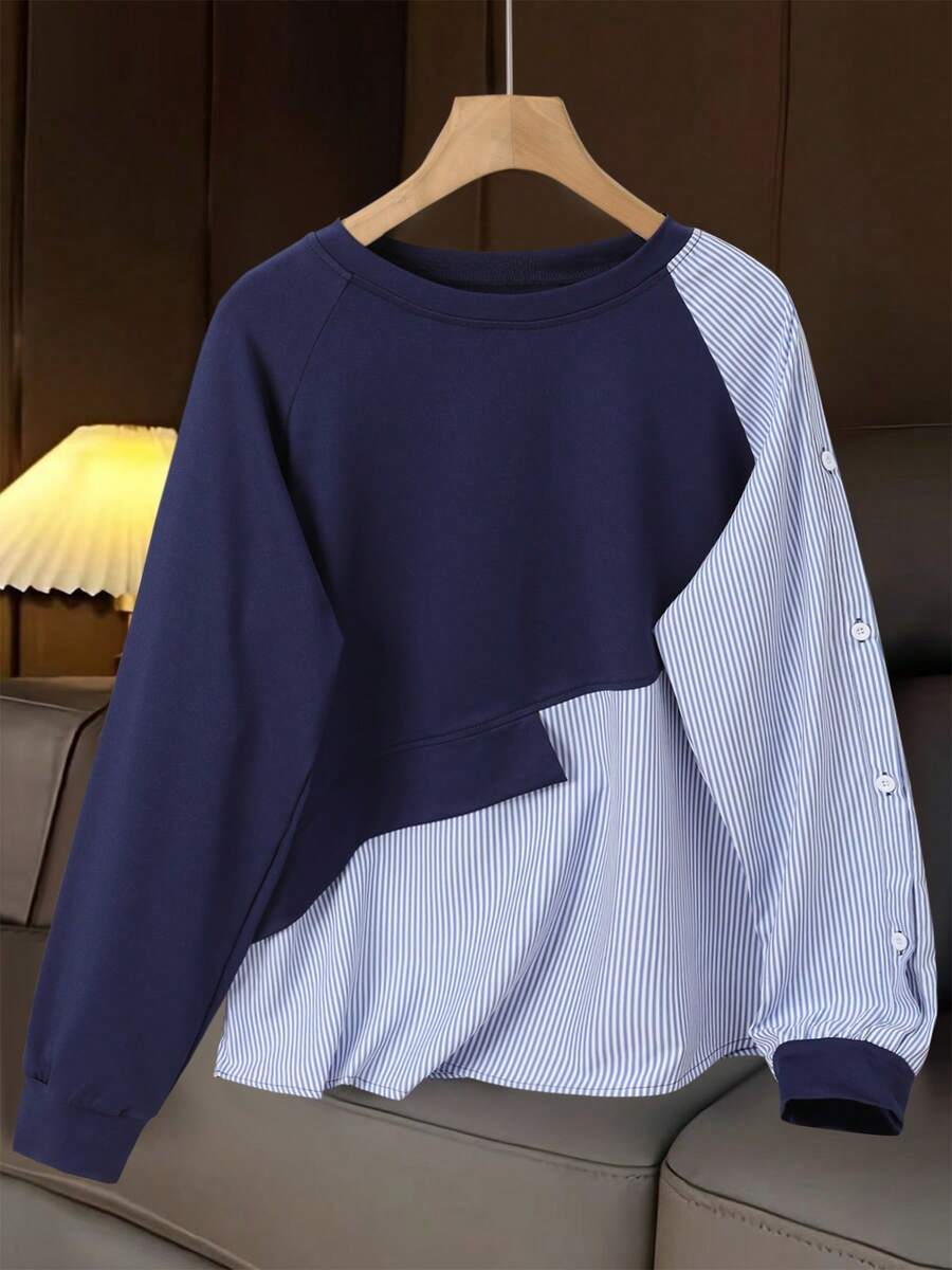 1pc Striped Patchwork Contrast Color Ribbed Button Women Blouse, Daily Wear, Spring/Autumn, White, Black, Blue, Pink, Green, Yellow - Navy Blue - View 1