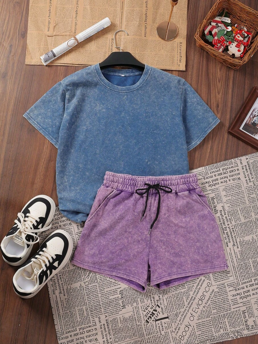 LQTY 棉质，夏季女装纯色街头时尚，韩版舒适复古基础时尚通勤百搭 Y2k 服装女装，适合户外休闲，常规小众朋克风格牛仔蓝+紫色修身圆领短袖水洗 T 恤短裤两件套 - 彩色 - 查看 1