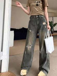 Vintage Distressed Boyfriend Jeans For Petite Women, Versatile, Slimming, Loose Wide Leg Long Pants