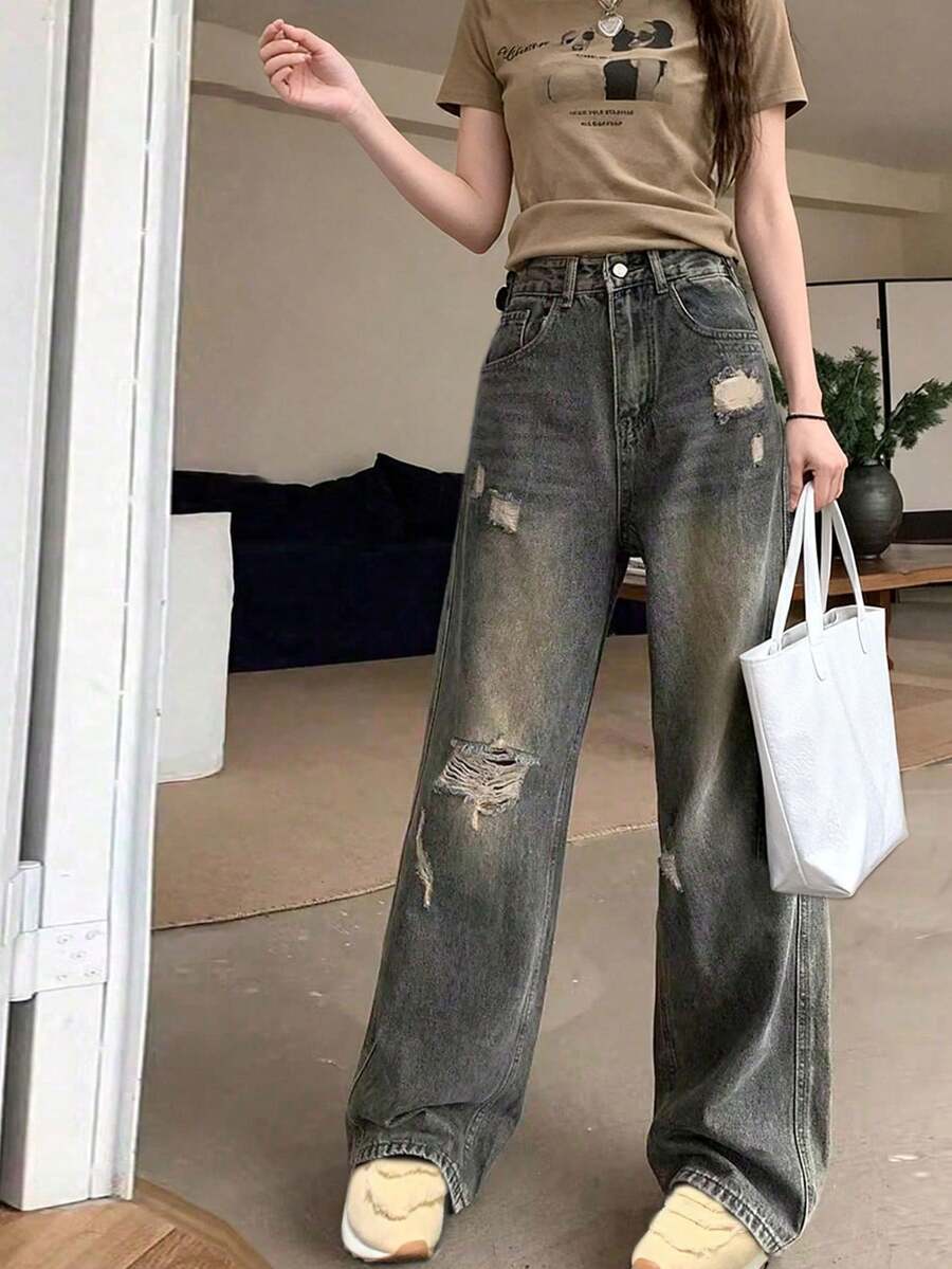 Vintage Distressed Boyfriend Jeans For Petite Women, Versatile, Slimming, Loose Wide Leg Long Pants