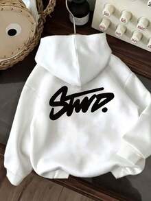 Oversized STWD Logo Hooded Sweatshirt - White With Black Graffiti Lettering, Oversized Round Neck Pullover Hoodie, Casual Winter Warm Sweater For Casual Attire, Brand Logo Print (STWD. )UnisexPlusSizeSweatshirtsHoodies - 白色 - 查看 1