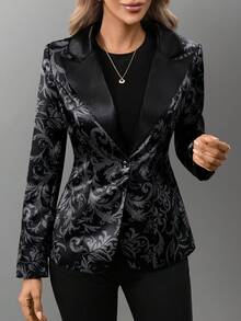 Áo khoác blazer dáng ôm tay dài, cổ khoét chữ V thanh lịch, đơn hàng khuy, chất liệu vải jacquard cho nữ, mùa xuân/thu - màu đen - Xem 7