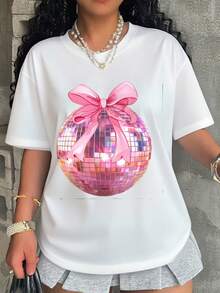Pink Disco Ball With Bow Graphic T Shirt Women Fashion Casual Top Party Wear Summer Outfit Fun Statement Tee - 白色 - 查看 1