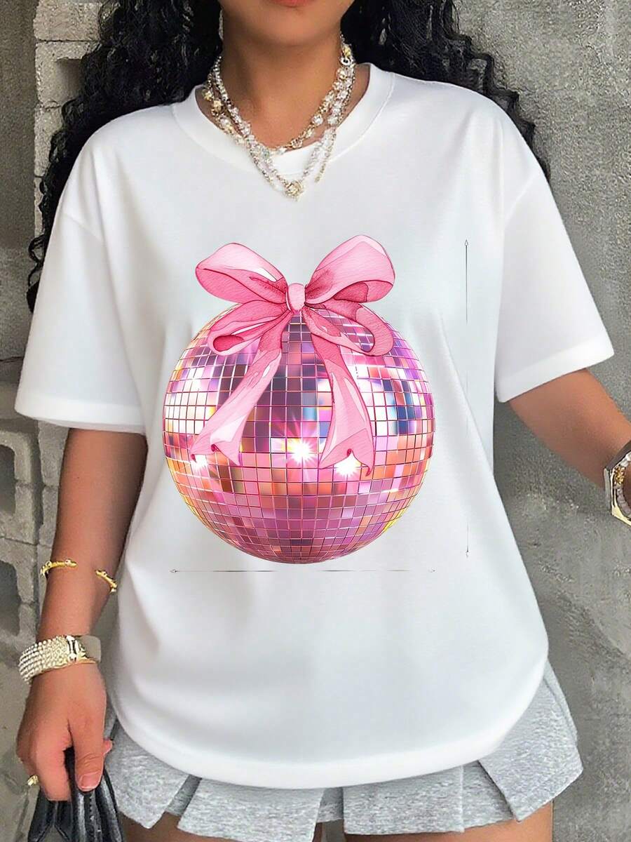Pink Disco Ball With Bow Graphic T Shirt Women Fashion Casual Top Party Wear Summer Outfit Fun Statement Tee - 白色 - 查看 1