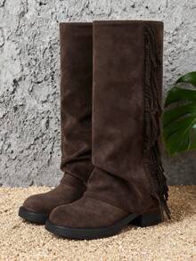 Women's Slouchy Fold Over Fringe Knee High Boots Chunky Block Heel Calf Boots Cool Fashion Tassel Motorcycle Outdoor Party Dress Lady Shoes Woman - 巧克力棕 - 查看 19