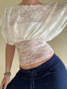 Women See Through Sheer Mesh Lace Top Multifunctional Button Drape Going Out Top Fashion Blouse Outfits - 白色 - 查看 2