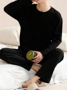 AICJ 2pcs Set Men Casual Loose Solid Color Crew Neck Pullover Sleepwear Pajama Set, Suitable For Halloween, Valentine's Day, New Year Gift