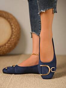 1 Pair Solid Color Fashion Flat Square Toe Women Shoes, Suitable For Office, Home, Outdoor, Gym, Party, Wedding, Holiday, Beach, All Seasons - Navy Blue - View 7