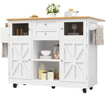 Kitchen Island, Dining Trolley With Countertop, Buffet Unit, Dining Trolley With Wood Grain, Side Towel Rack, Three-Dimensional Cabinet Doors With Wheels, Adjustable Partitions, Black - White + MDF - View 5