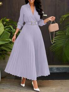 Chân váy xếp ly dáng rộng, chất liệu vải nhẹ, màu trơn, có thắt lưng, kiểu dáng cổ điển dành cho nữ, thích hợp cho mùa thu/đông, thanh lịch, dự tiệc, đám cưới, sinh nhật, trang phục giáo viên mùa xuân. - Màu Xám nhạt - Xem 2