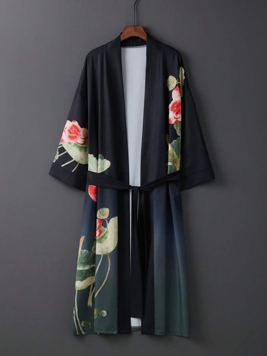 Vintage Elegant Loose Floral Print Mid-Length Kimono Cover Up Outerwear, Summer Tie-Waist Robe Beachwear