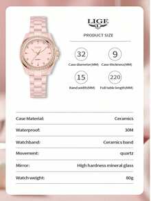 LIGE Fashion Women's Watch Waterproof Quartz Watch Ceramic Strap Luminous Dial Daily Wear Watch - Black - View 9