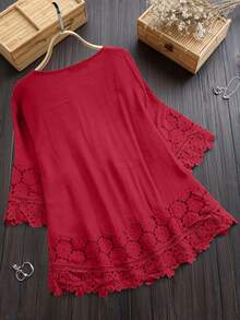 Women's Floral Embroidery Minimalistic Casual Lace Blouse - Red - View 2