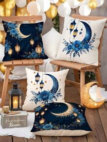 1pc/4pcs Ramadan Polyester Printed Cushion Cover, Blue Moon Flower Cushion Cover, Pillow Pad, Room Decor, Bedroom Decor, Sofa Chair Decoration (Without Pillow Insert) - Multicolor - View 2