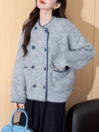 Alicedudu 女士秋冬优雅简约荷叶边撞色针织开衫