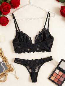 Christmas Lingerie Ladies' Charming, Sexy And Romantic Transparent Lace Set With Blue Flower Embroidery - màu đen - Xem 2
