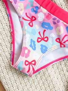Young Girl Summer Beach Vacation Leopard Print Bow Ombre Print Contrast Binding Bikini Set - Multicolor - View 5