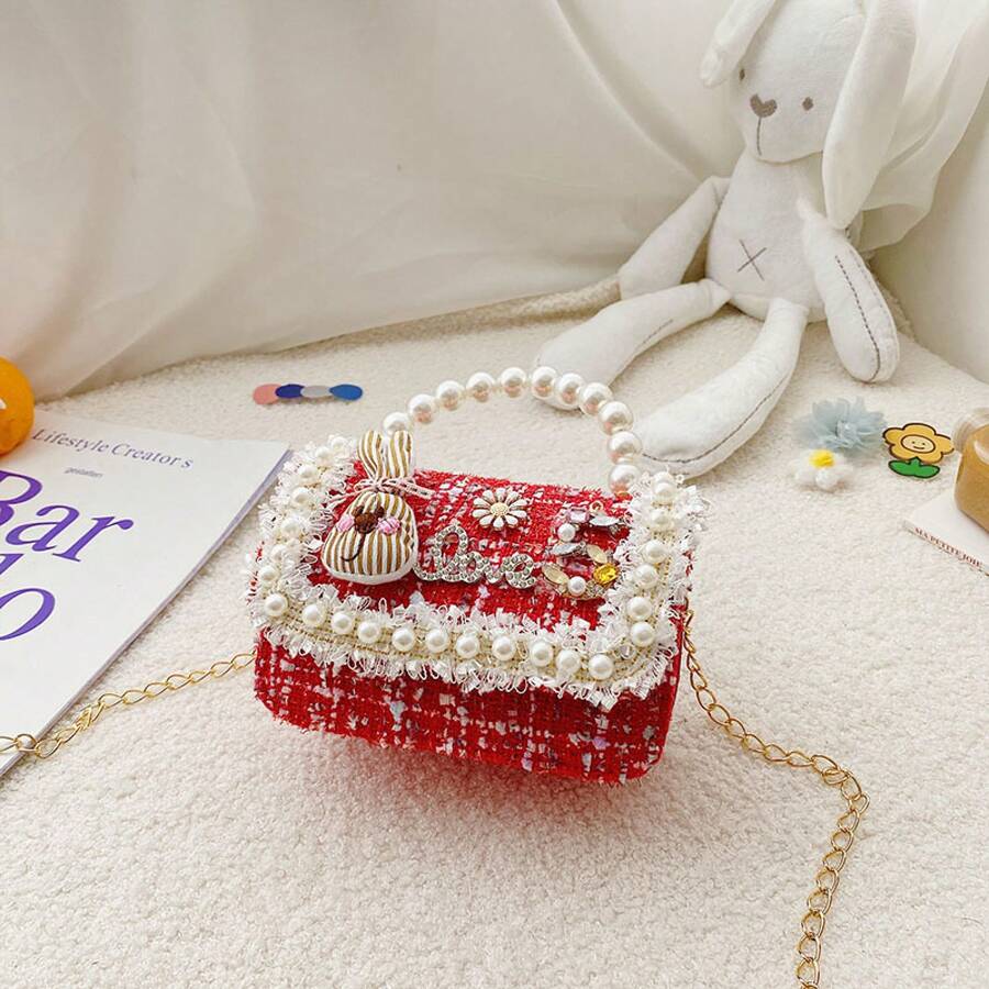 Princess Style Chain Bag Pearl Accessories Cute Children's Handbag Bow Unique Girl's Shoulder Bag - Rabbit Red - View 1