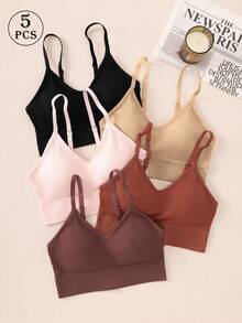 5pcs Women's Underwear Set: High Support V-Neck Seamless Sports Bra - Soft, Comfortable, Breathable, Skin-Friendly