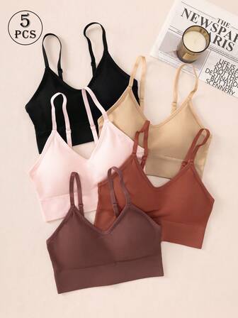 5pcs Women's Underwear Set: High Support V-Neck Seamless Sports Bra - Soft, Comfortable, Breathable, Skin-Friendly