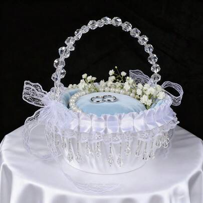 Cestas de flores para niña de las flores con colgante de cristal y lazo de encaje para ceremonia de boda.