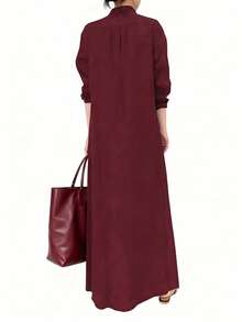 Plus Size Women's Solid Color Long Sleeve Simple Long Casual Dress - Red - View 4