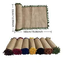 1pc Tasseled Table Runner, Square Jute Pom Pom Tabletop Decor, Christmas Party Holiday Tablecloth, Reusable Wedding Festival Table Mat - Multicolor - View 3