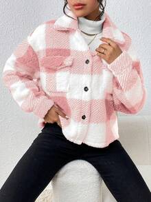 Abrigo de solapa de manga larga con cuadros casuales de felpa para otoño e invierno para mujer,Chaqueta para mujer,Chaqueta de cuadros para mujer - Rosa - Ver 6