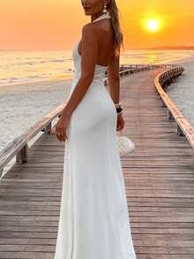 Women's Casual And Elegant Daily Versatile Solid Color Hollow Out Waist-Defining Sexy Pleated Flowy Strap White Sleeveless Halter Neck Long Dress, Spring Summer,Summer Dresses For Women,White Dress,Casual Long Dresses,Holiday Clothes,Elegant Dresses For Ladies,Party Dresses For Women,Beach Dresses,Summer Outfits - White - View 3