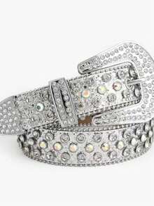 1pc Men's Heavy-Duty Rhinestone Embellished Belt, Suitable For Party And Everyday Wear - Silver - View 1