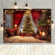 1pc Christmas Tree & Fireplace Scene Background, Suitable For Holiday Photos & Decor, Universal Polyester Banner, Versatile Use, Suitable For Various Occasions, No Power Required - Multicolor - View 2