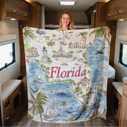 1pc Florida Map Blanket With Labeled Cities, Keys & Everglades - Soft Flannel RV Travel Throw For Camping, Car, Sofa - Iconic Florida Landmarks (Miami, Orlando, Tampa) - Ideal Gift For Sunshine State Lovers, 2D Flat-30*40in