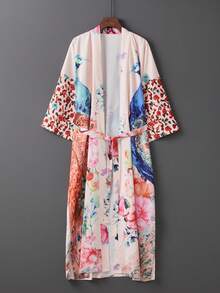 Plus Size Loose Retro Peacock Printed Long Cover Up, Beach Cover Up Kimono Style Swimsuit Outer Wear, Summer - Pink - View 2