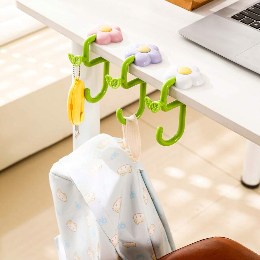 1个可爱花朵背包挂钩，粉色、白色、紫色可选，桌面便携式悬挂包袋支架，多功能桌面挂钩，适用于学生书桌，轻便节省空间，可收纳书籍、配件和小物件，可爱花朵设计，适合宿舍和家庭办公室使用。 - 彩色 - 查看 1